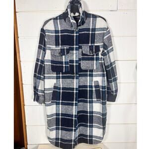New Look Coatigan Shacket Womens‎ Medium M Blue White Plaid Longline Cardigan